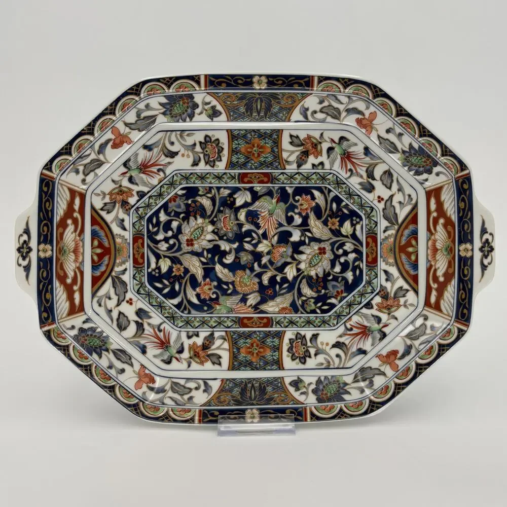 Arita Imari Porcelain Handled Platter, Large Blue Red Gold 13.5 Inch Dish